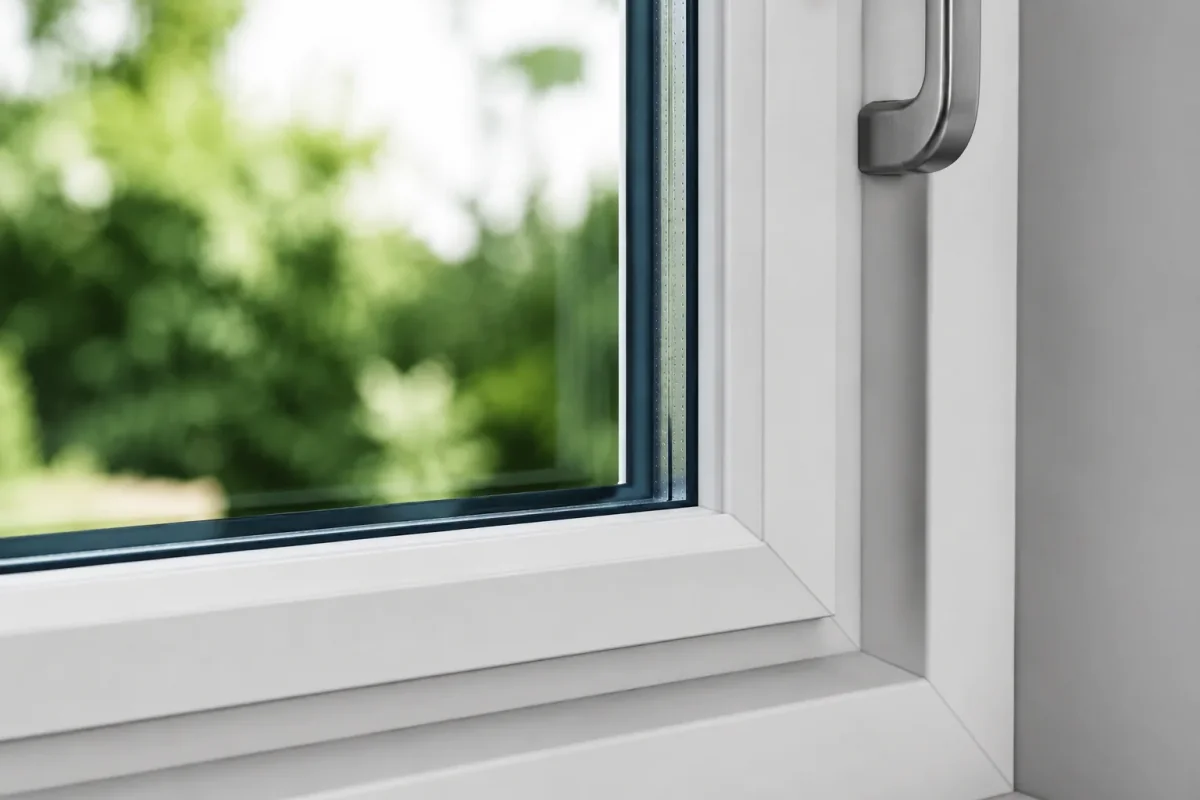 نمای نزدیک پروفیل سفید و شیشه دوجداره پنجره uPVC